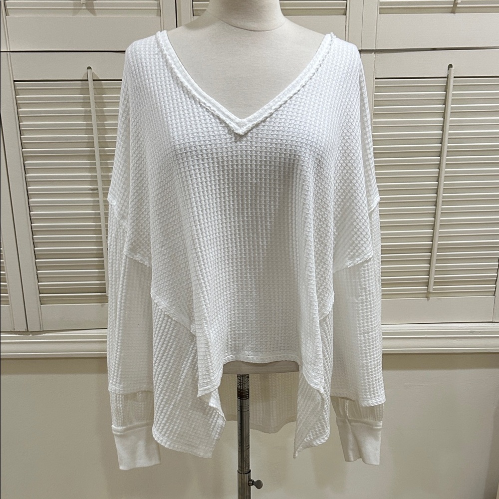 New Free People White Waffle Knit V-Neck Sweater